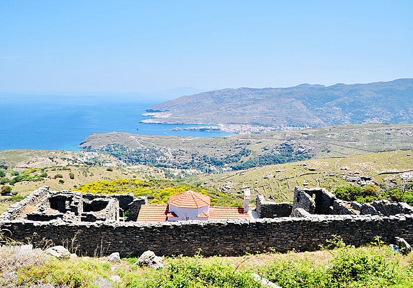 Andros Chora and Agia Irini Monastery seen from the hike to Pithara Waterfalls.