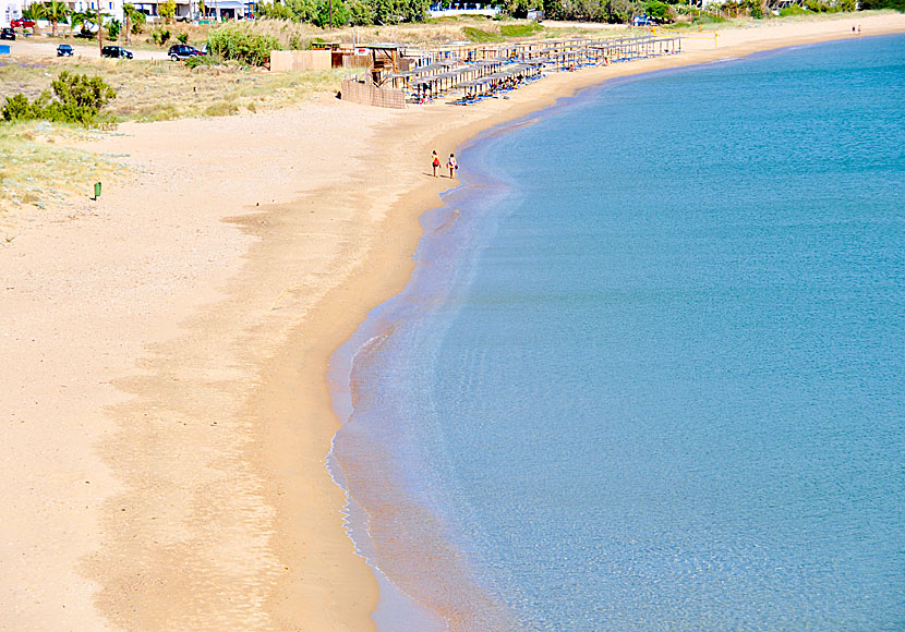 Sunbeds and parasols are available for rent at Agios Petros beach.