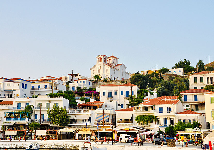 The long harbor promenade in Batsi is lined with good restaurants and tavernas.
