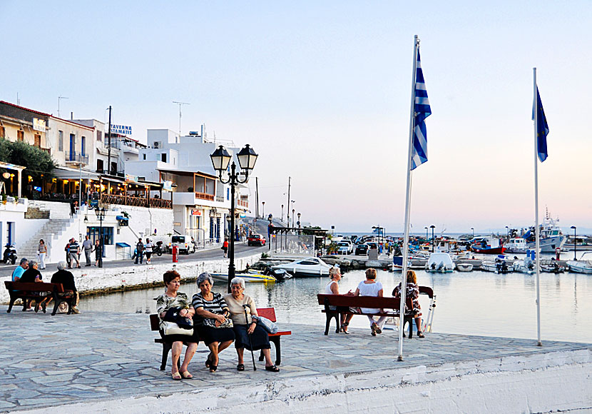In the harbor of Batsi, fishing boats, luxury boats and sailboats are anchored.