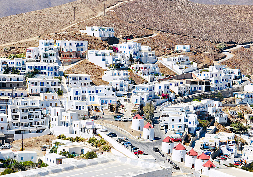 View of the windmills in Chora from Kastro on Astypalea in Greece.