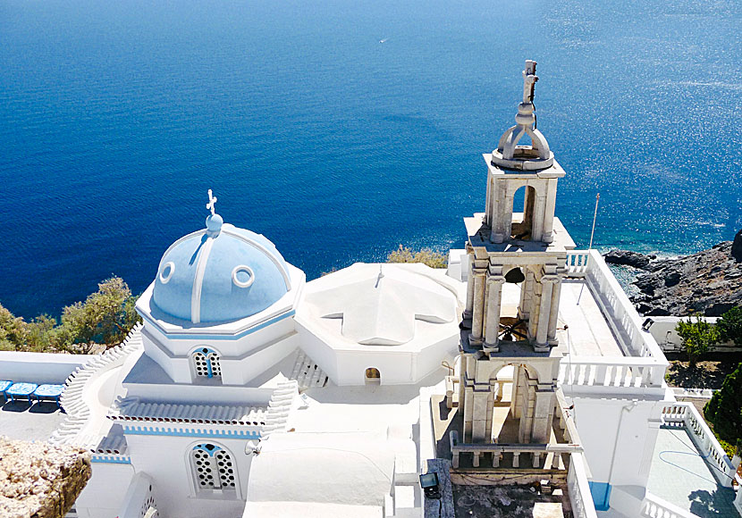 View of the sea from the bell tower and the church of Panagia Portaitissa in Kastro on Astypalea.