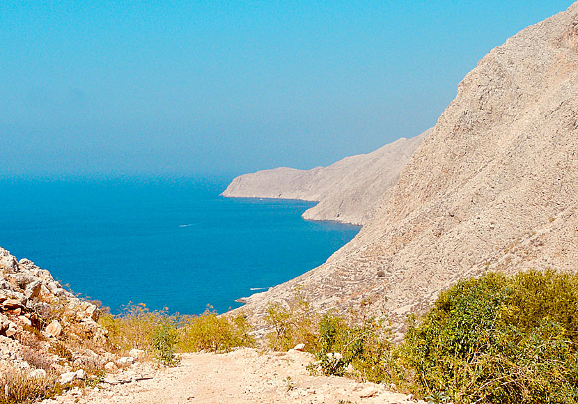 The stretch of coast after the uninhabited village of Chorio on Chalki is similar to Amorgos.