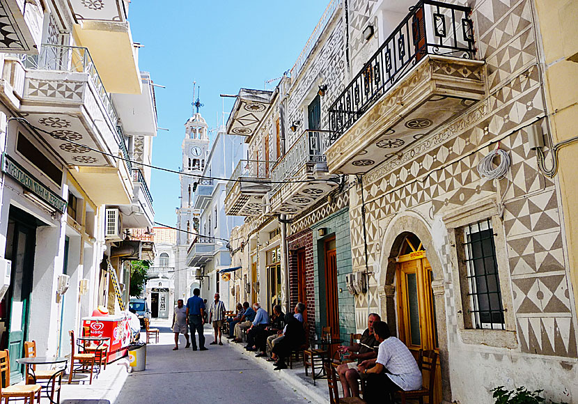 The unique black and white houses in the village of Pyrgi in Chios in Greece.