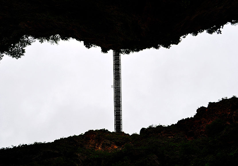 The Aradena bridge in Crete from below. When a car drives over it roars in the gorge.