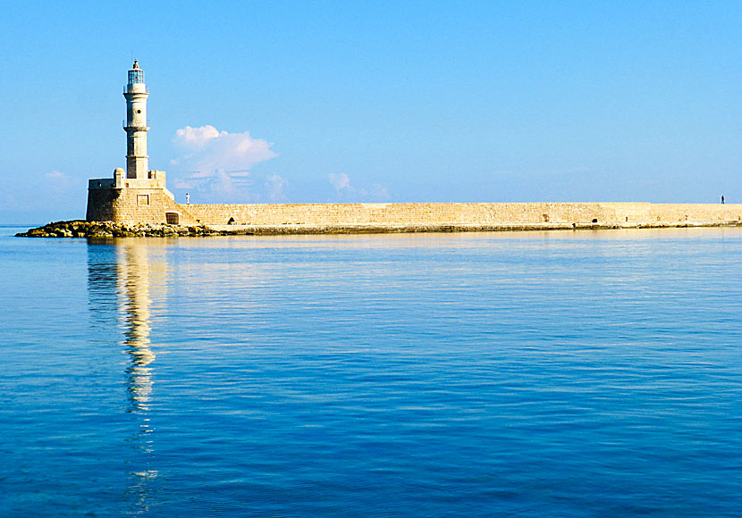 The beautiful breakwater and lighthouse in the Venetian harbour in Chania.