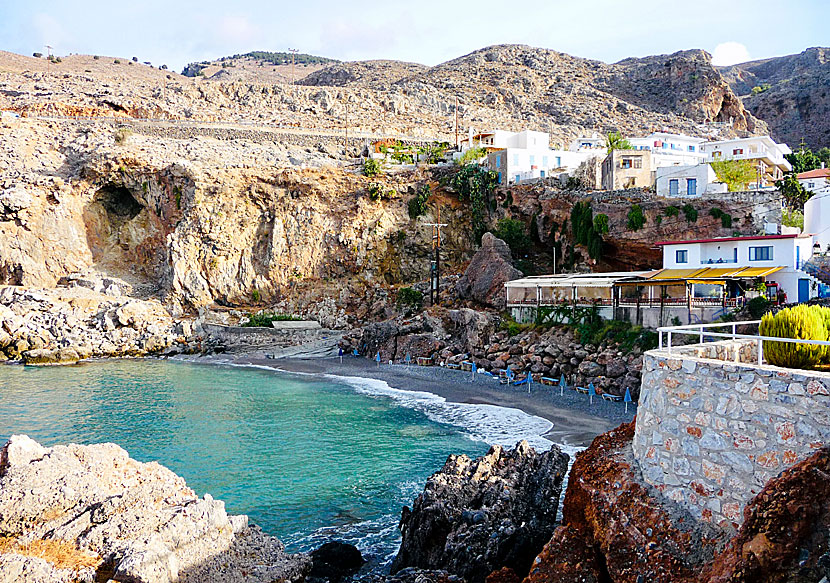 Taverna The Three Brothers and the small beach in Chora Sfakion. Crete.