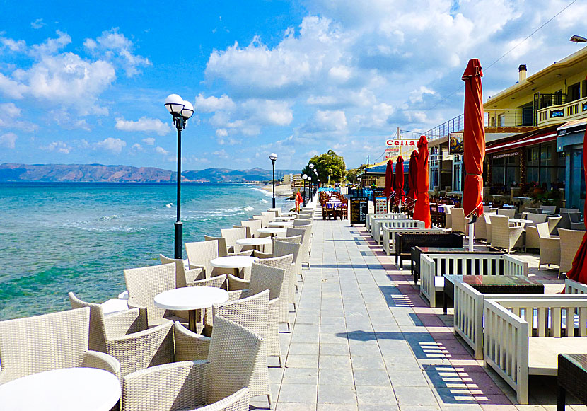 Restaurants and tavernas along the beach promenade in Kissamos on Crete.