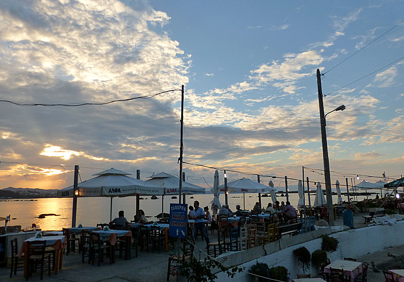 Sunset and restaurants and taverns in Nea Chora in Crete.
