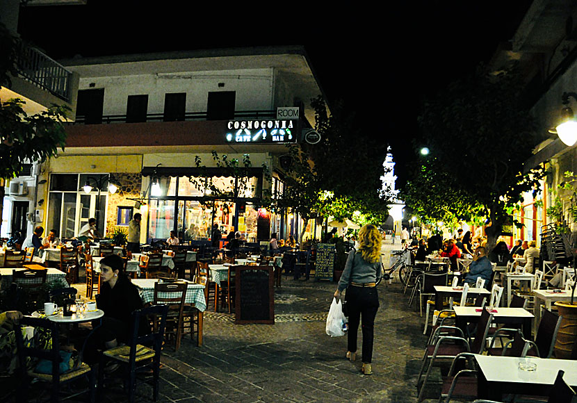 Tavernas, restaurants, bars and cafes in the square of Paleochora in southern Crete.