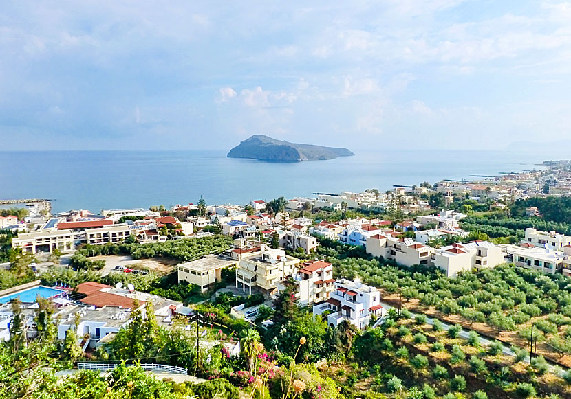 Platanias, Agia Marina and the island of Theodorou seen from Old Platanias which is west of Chania in Crete.