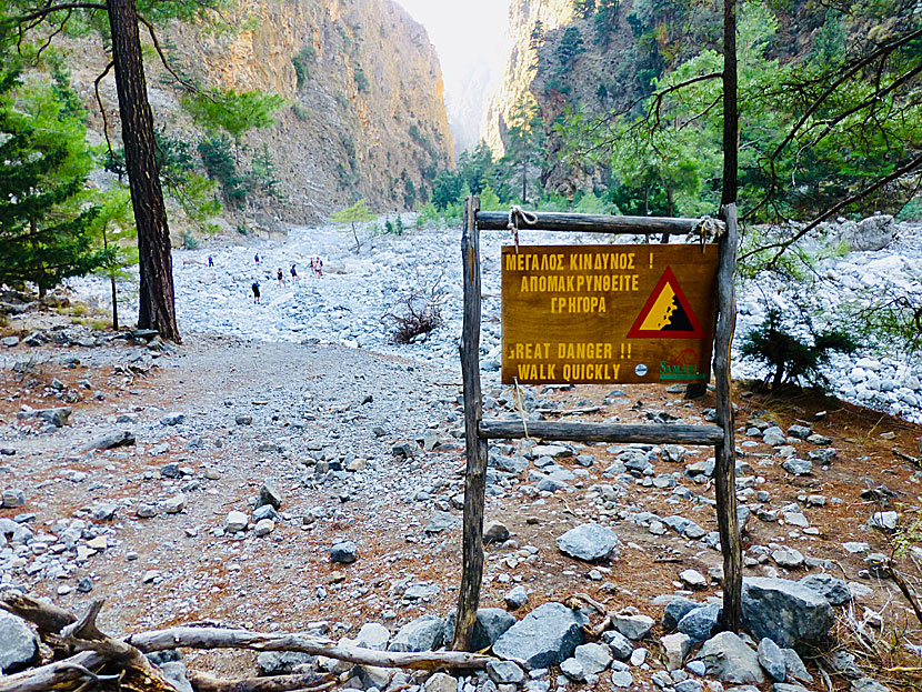 Warning for falling rocks in the Samaria Gorge in Crete.