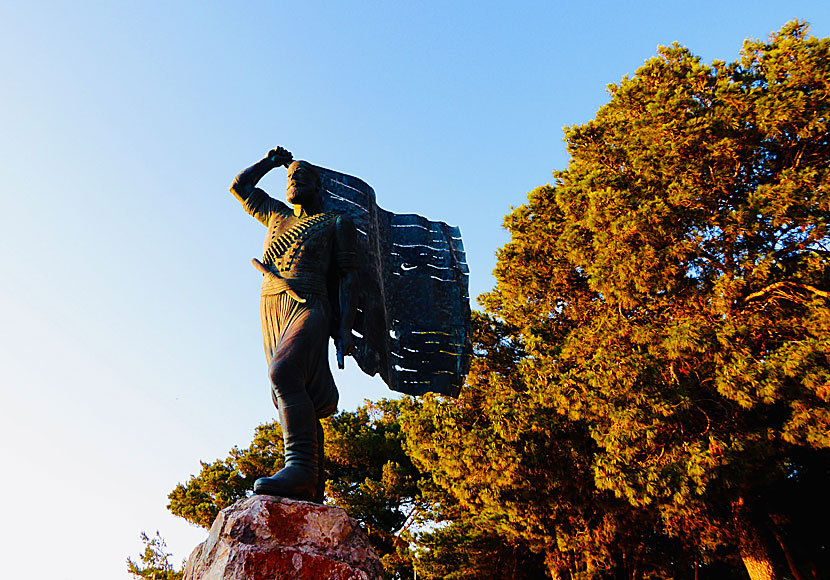 The statue of Spyros Kayaledakis and his flag and flagpole above Chania in Crete. .