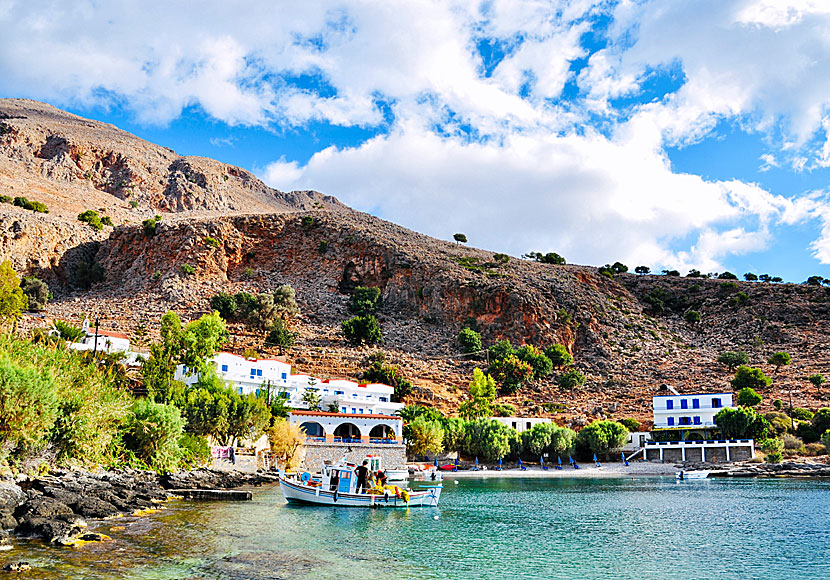 Taverna Old Phoenix on the left and the small beach of Finix near Loutro in southern Crete.