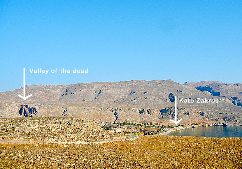 The entrance to the Valley of the Dead to the left and the small village of Kato Zakros to the right. Crete.