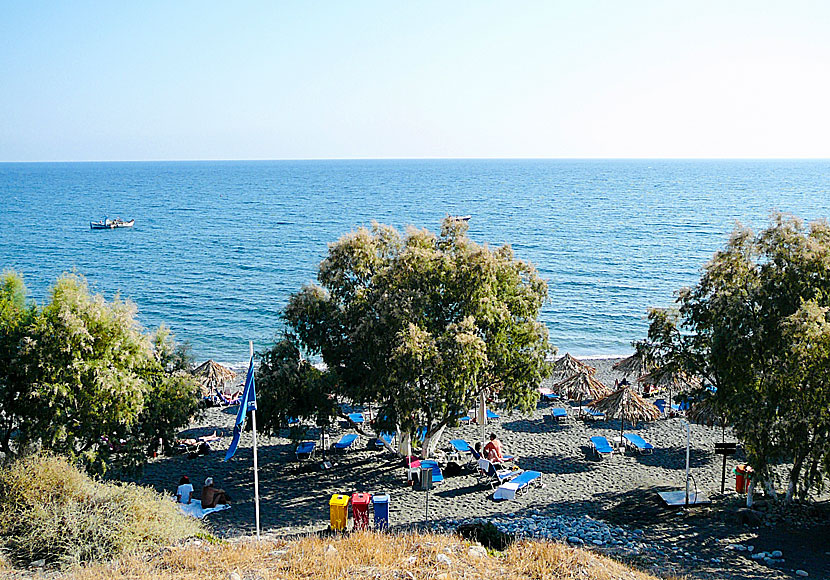 Along the beach in Mirtos, shady tamarisk trees grow, but there are also sunbeds for rent.