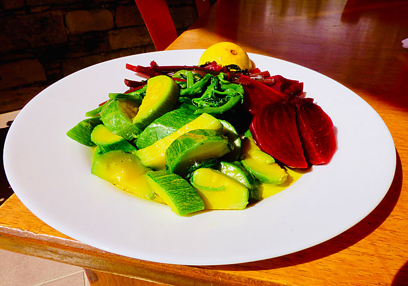 Beetroot, zucchini, chorta, pickled onion, pickled artichoke and a baby pork stew in Crete.