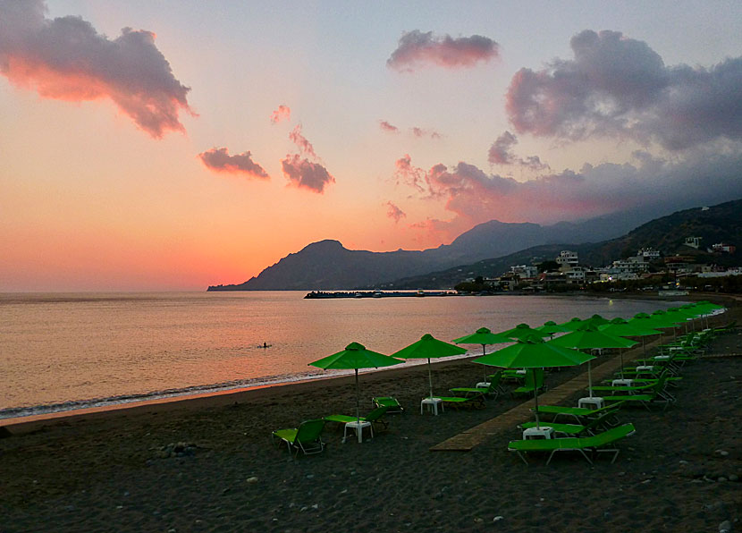 The sunset from the beach in Plakias in Crete is very beautiful.