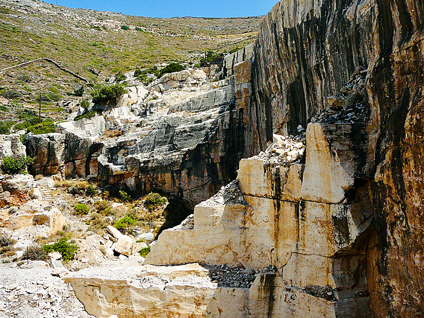 The ancient marble quarry on Petrokopio beach near Kambi on Fourni in Greece.