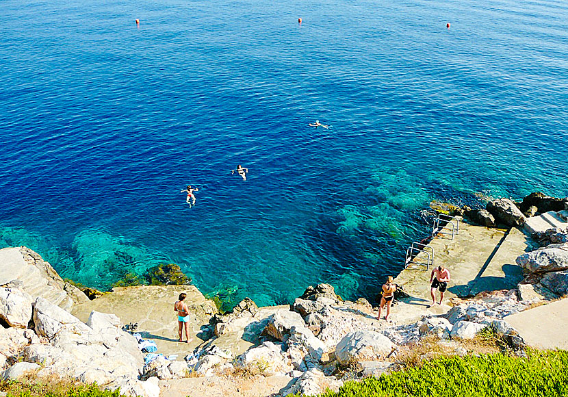 The best beaches on Hydra. Spilia rock beach.