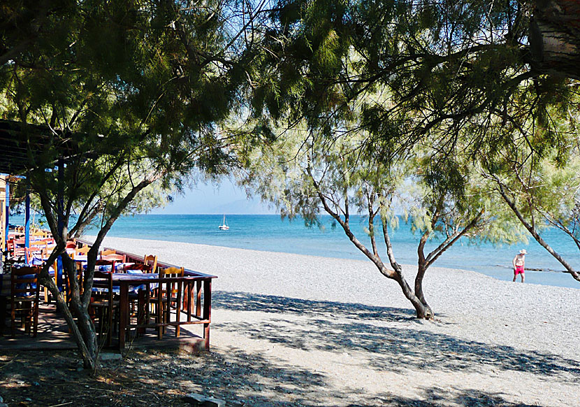 Tavernas and restaurants at Faros beach in northern Ikaria in Greece.