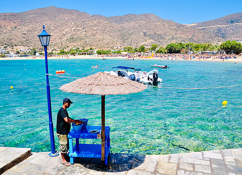 Mylopotas beach seen from Drakos Taverna on Ios island.