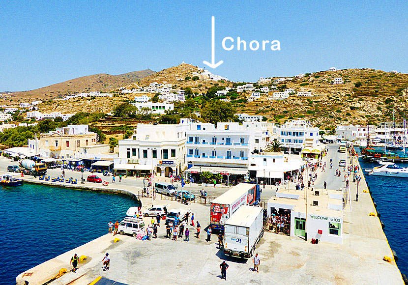 Chora and the port of Ios in Greece.
