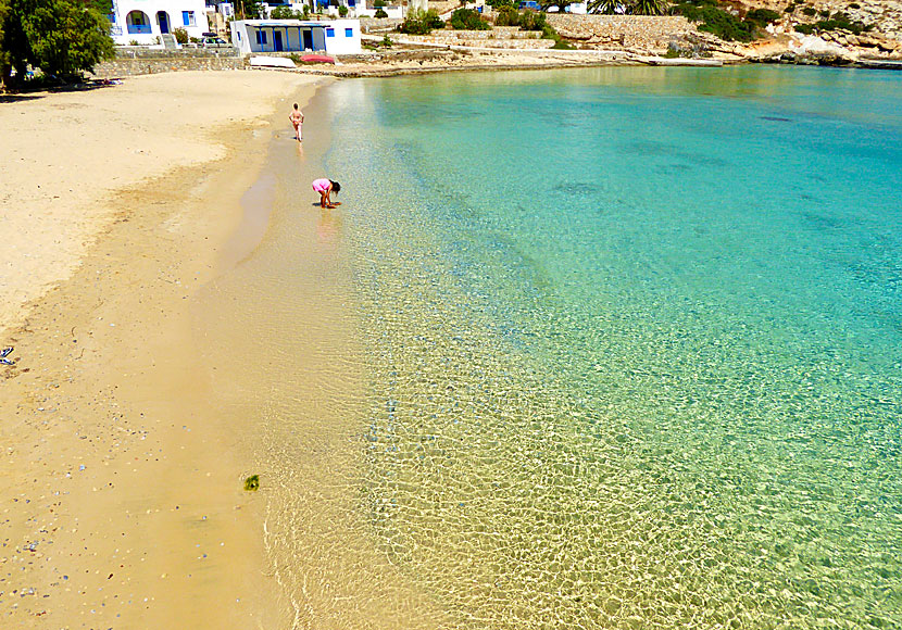 The sandy beach in the port in Agios Georgios in Iraklia.