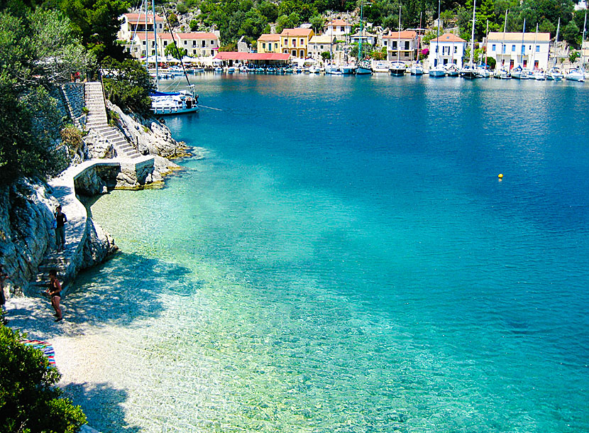 The small beach of Kioni is reached via a staircase down to the sea,