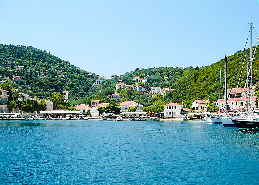 The port of Kioni on Ithaca. The nearest port for ferries is the port of Frikes.