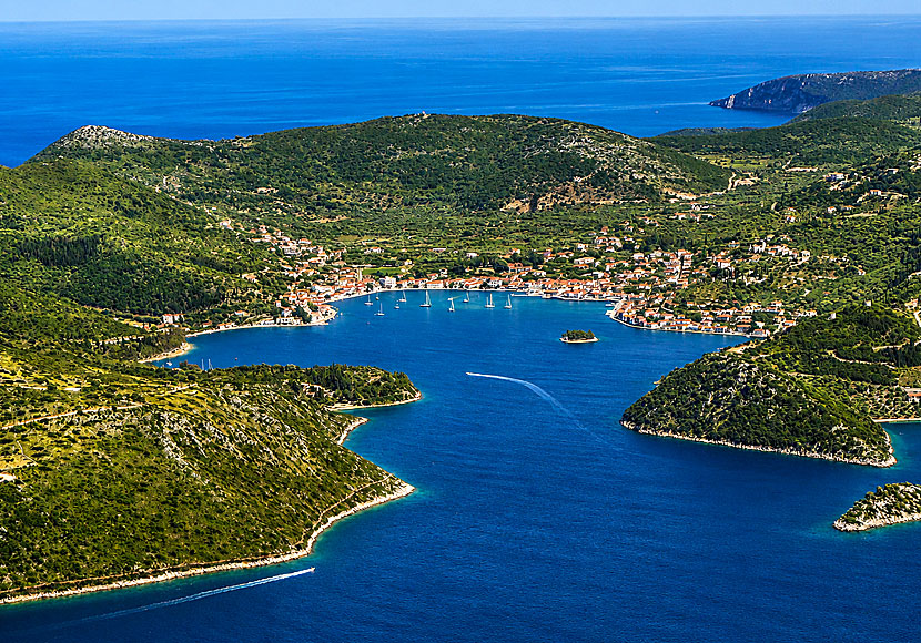 The village of Vathy and the small island of Lazareto on Ithaca in the Ionian Islands.