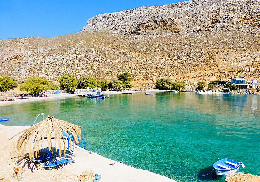 Palionisos beach and Taverna Ilias on Kalymnos.