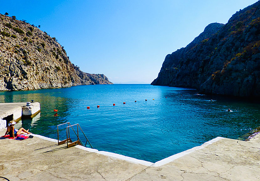 The beach in Rina in the Vathy Valley on Kalymnos in the Dodecanese Islands.