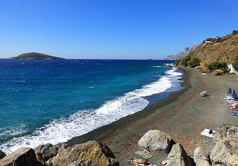 Platys Gialos beach in Kalymnos a windy day in September.