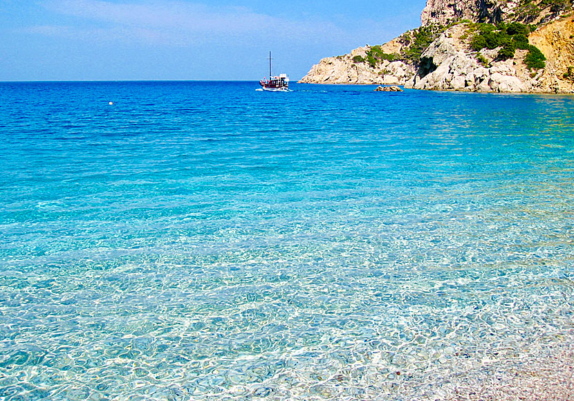 Excursion boats and beach boats on Karpathos in the Dodecanese.