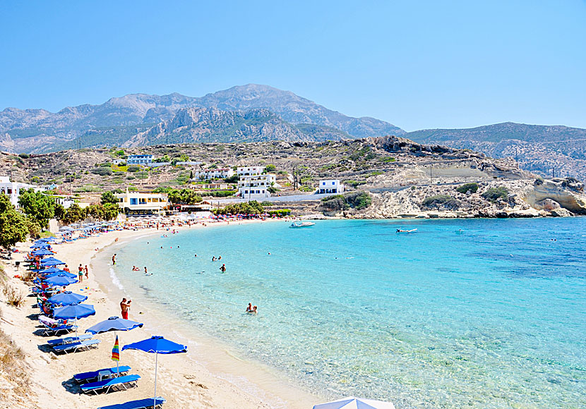 The beach and tavernas in Lefkos on Karpathos.