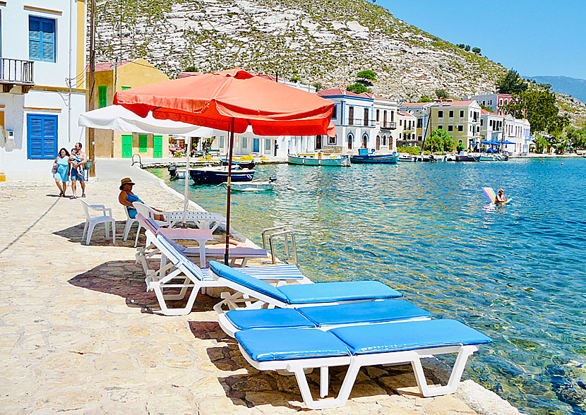 The harbor promenade in Megisti on Kastellorizo ??in the Dodecanese is lined with good restaurants and taverns.