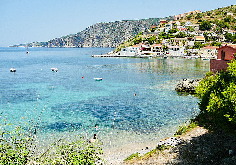 The small beach in Assos in Kefalonia in Greece.