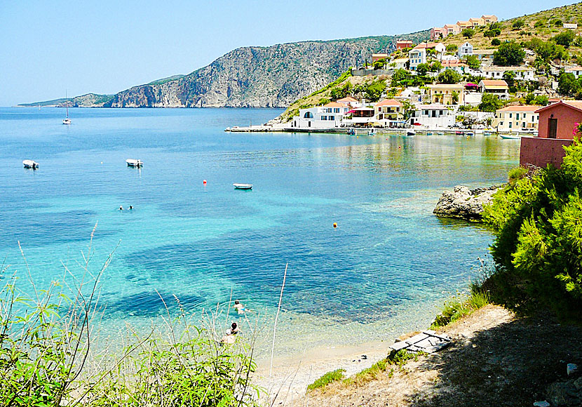 The small beach in Assos in Kefalonia in Greece.