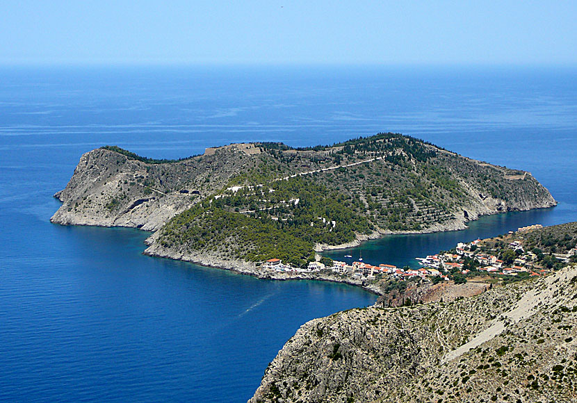 The beautiful view of Assos and the peninsula where the castle is located. Kefalonia.