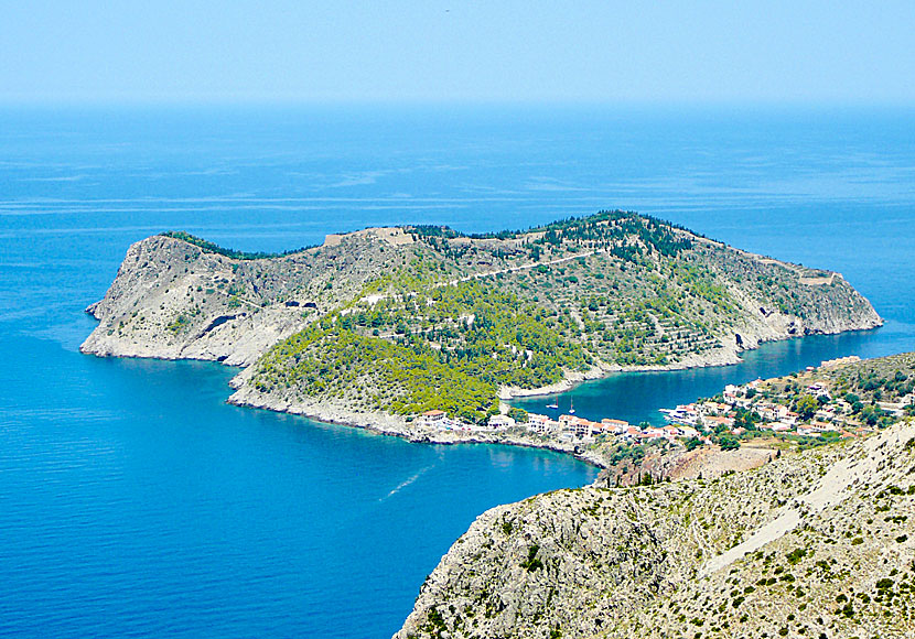 The beautiful view of Assos and the peninsula where the castle is located. Kefalonia.