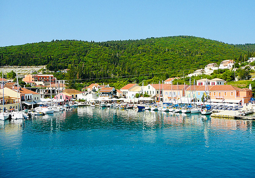 Fiskardo on Kefalonia seen from the ferry to and from Vasiliki on Lefkas in the Ionian archipelago.