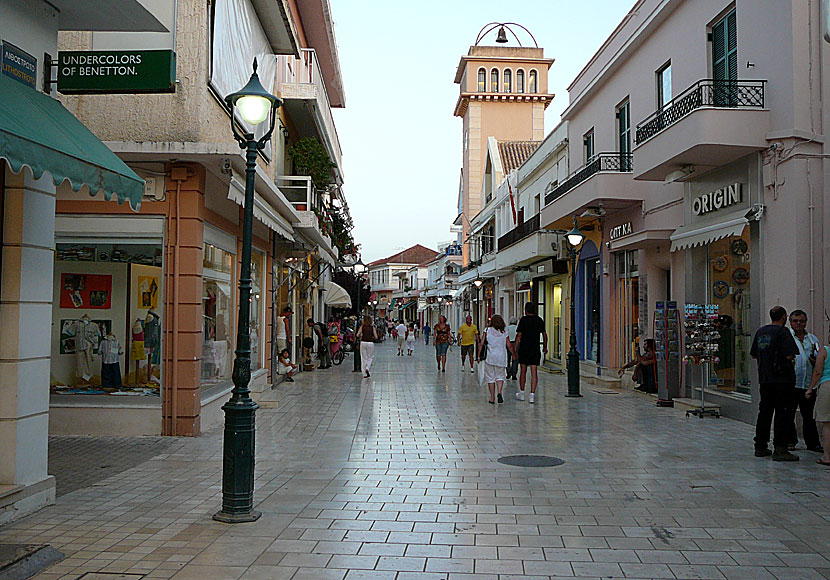 The pedestrian street Odos Lihostroto with the bell tower in Argostoli. Kefalonia.