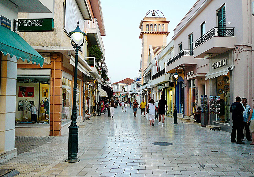 The pedestrian street Odos Lihostroto with the bell tower in Argostoli. Kefalonia.