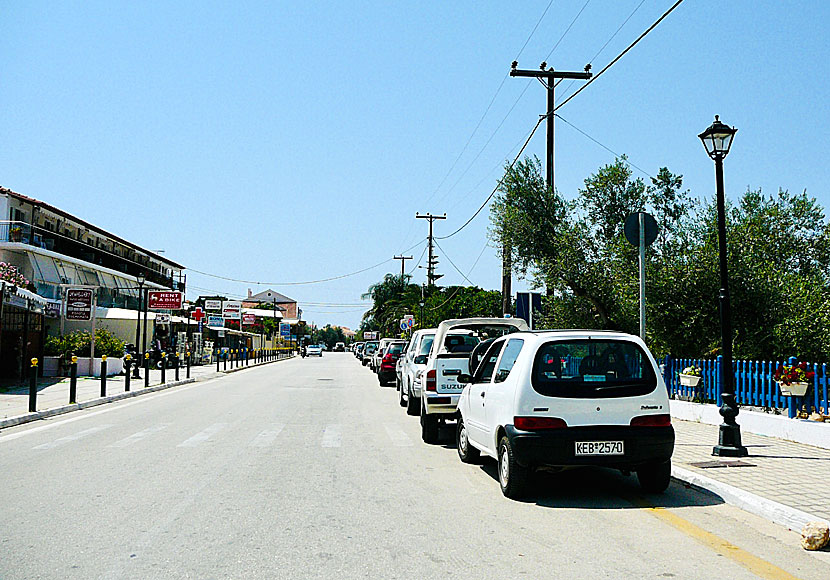 Shops, car rental, restaurants and tavernas in the village of Lassi on Kefalonia in the Greek archipelago.