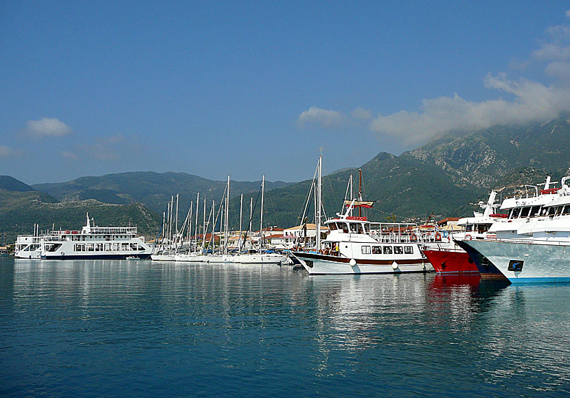The port of Nidri in Lefkada from where there is a ferry to Meganisi.