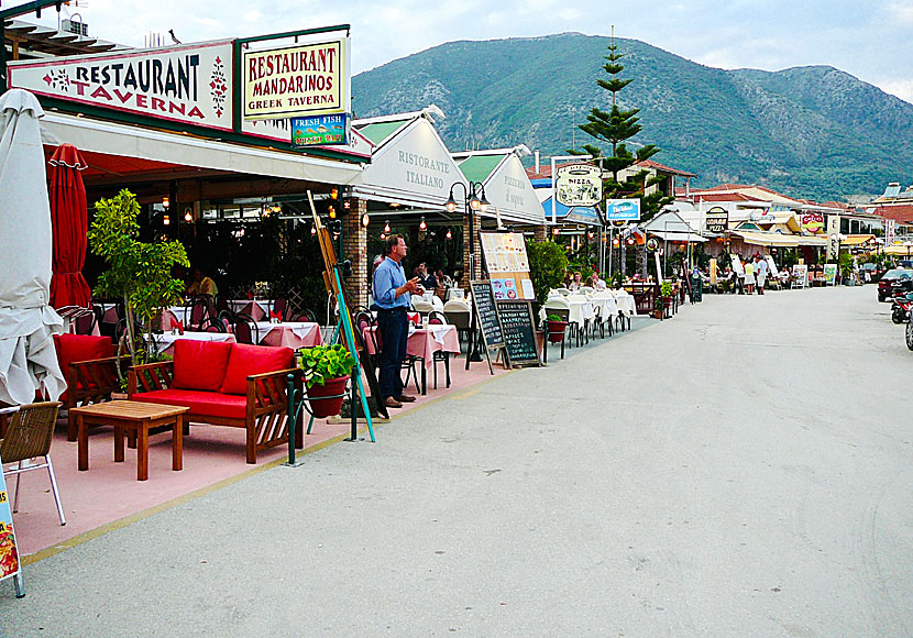 Tavernas at the harbour promenade in Nidri. Lefkada.