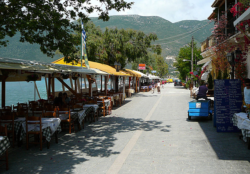 Tavernas along the harbour promenade in Vasiliki. Lefkada.
