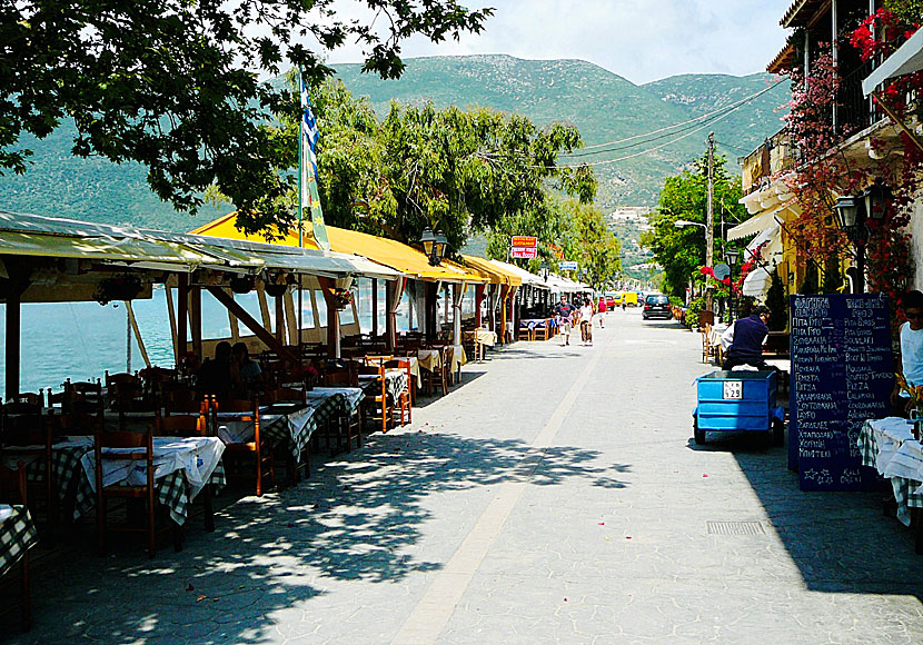 Tavernas along the harbour promenade in Vasiliki. Lefkada.