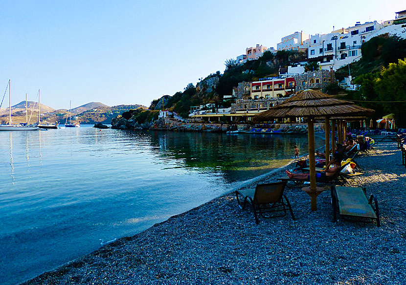 The sunset at Panteli beach on the island of Leros in Greece.